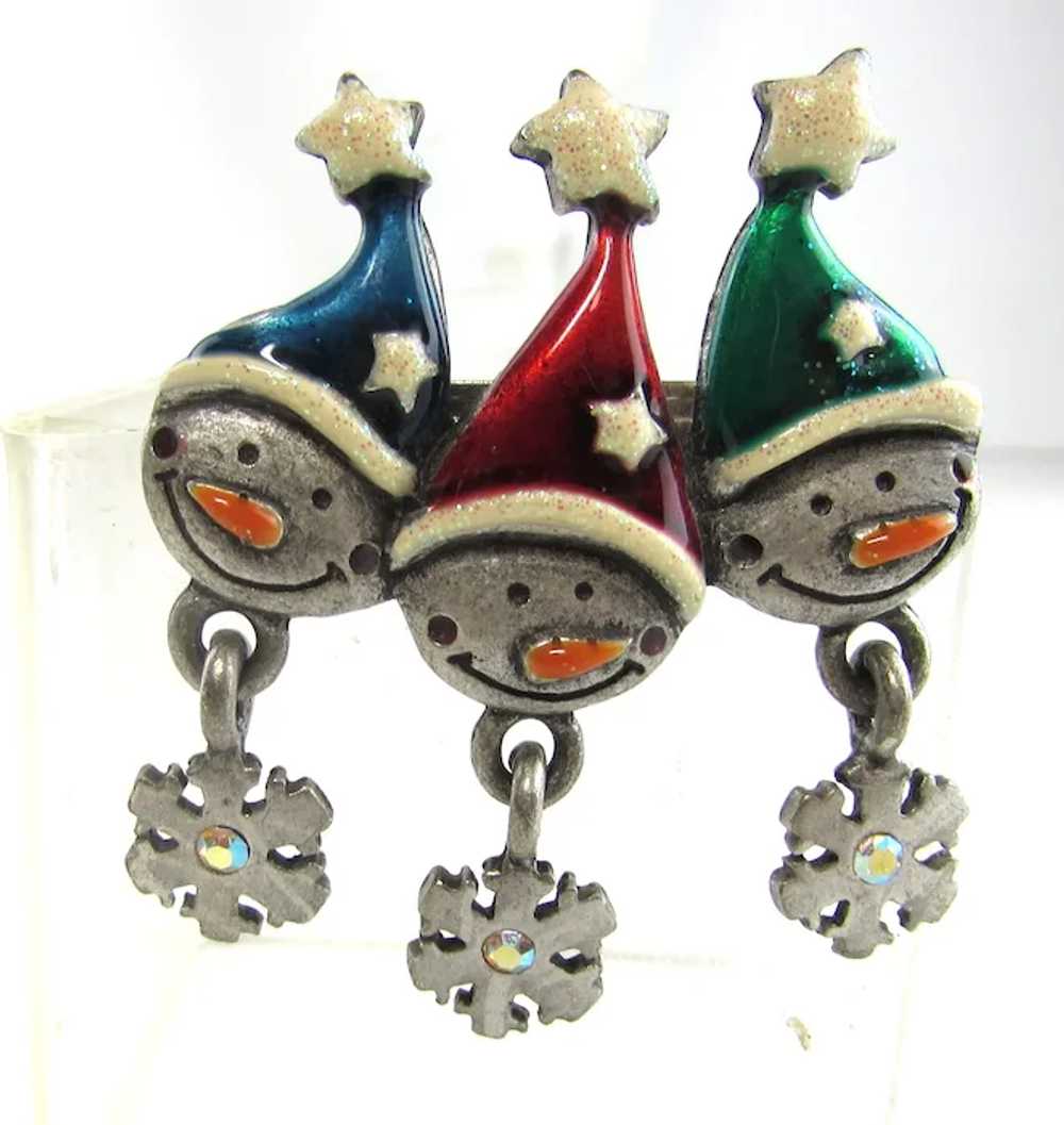 Triple Elf Christmas Pin With Enamelled Hats and … - image 4