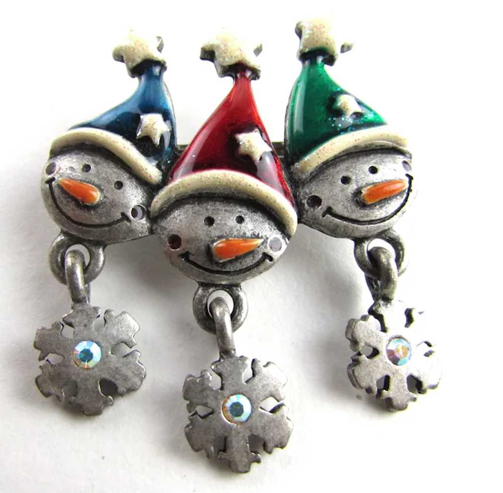 Triple Elf Christmas Pin With Enamelled Hats and … - image 6