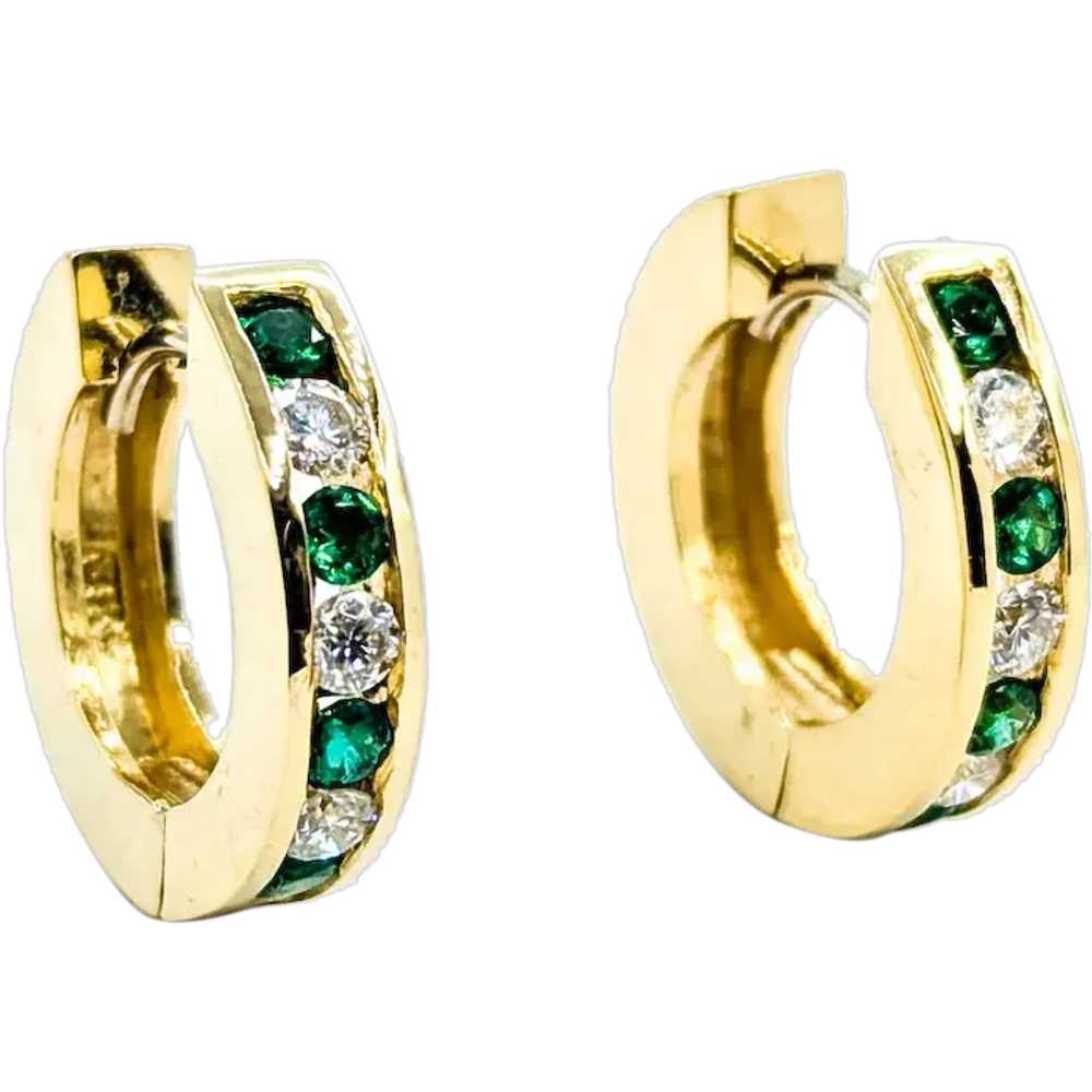 Gorgeous Emerald & Diamond Huggie Hoop Earrings i… - image 1