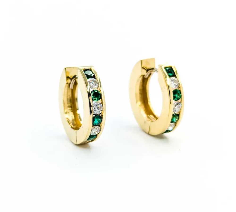 Gorgeous Emerald & Diamond Huggie Hoop Earrings i… - image 3