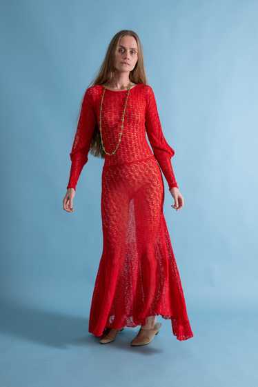 1930s Scarlet Crochet Cold Shoulder Trumpet Gown [