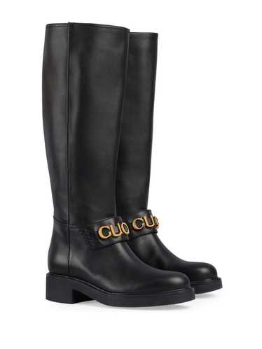 Gucci Metal Logo Leather Knee High Boots