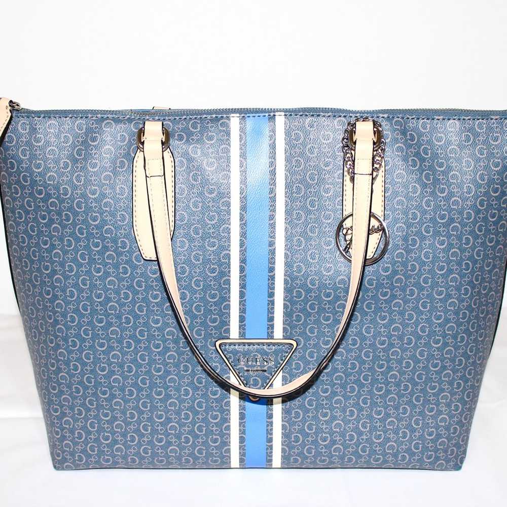 GUESS Logo Print Blue Stripe Large Tote Bag - image 5