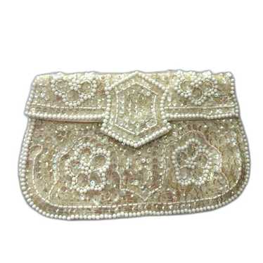 La Regale 1970’s Beaded Evening Bag - Silver, Gold and Black Glass Beads online - Great Condition