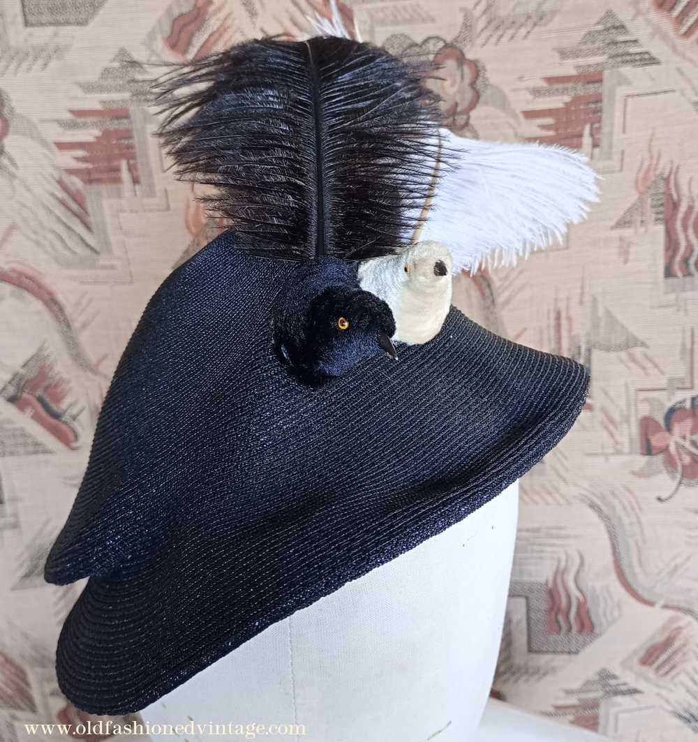 Amazing Vintage 1930s 40s Black Straw Hat Novelty… - image 7