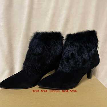 Black suede booties with fur, 7cm heel. - image 1