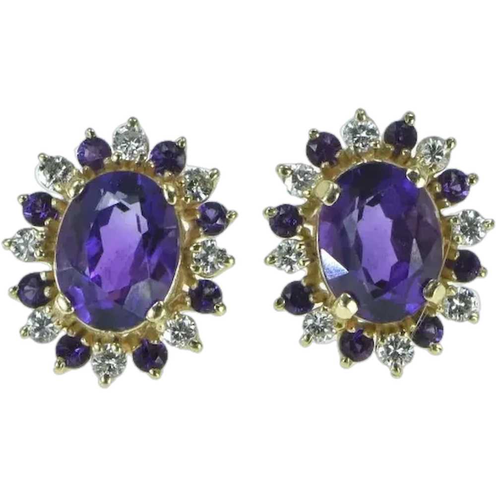 14K Oval Amethyst Diamond Halo Oval Stud Earrings… - image 1