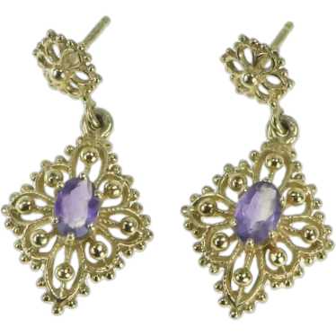 14K Amethyst Ornate Etruscan Revival Dangle Earrin