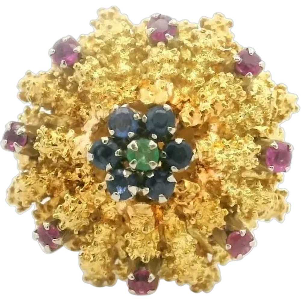 18k Yellow Gold Emerald Blue and Pink Sapphire Fl… - image 1