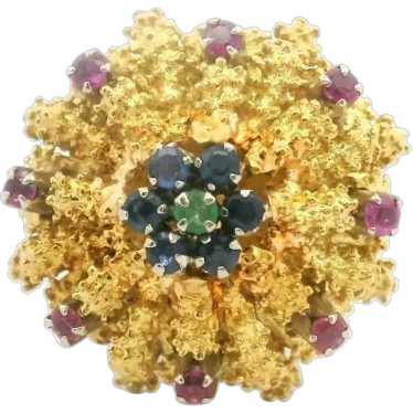 18k Yellow Gold Emerald Blue and Pink Sapphire Fl… - image 1