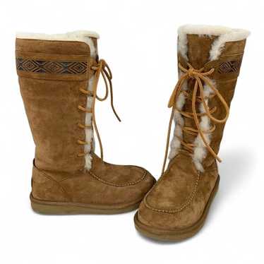 UGG Chestnut Suede Tularosa Lace Up Tall Boots Sheepskin Moc Toe Women's Size popular 6