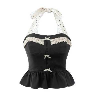 Japanese Y2K Black White Polka Dot Halter Ribbon B