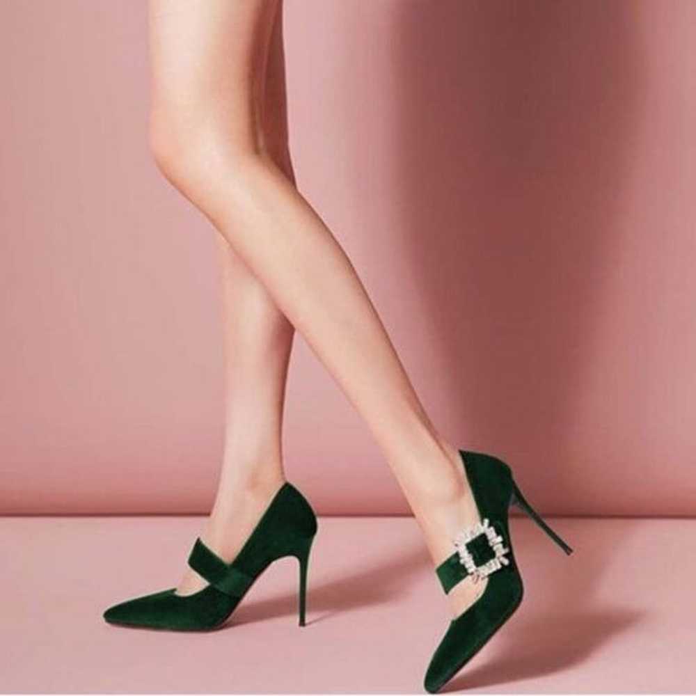 FSJ Dark Green Pointed Toe High Heel Velvet Slip … - image 1