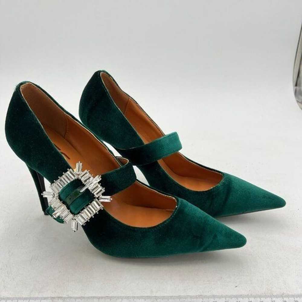 FSJ Dark Green Pointed Toe High Heel Velvet Slip … - image 4