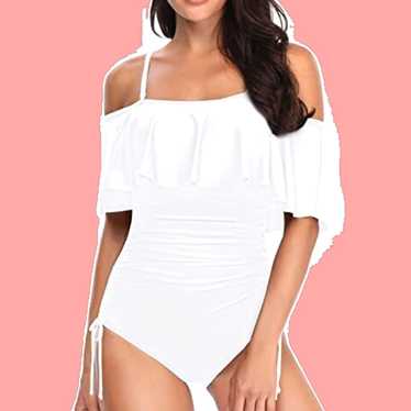 Aqua White One Piece Ruffled Flounce Swimsuit wit… - image 1