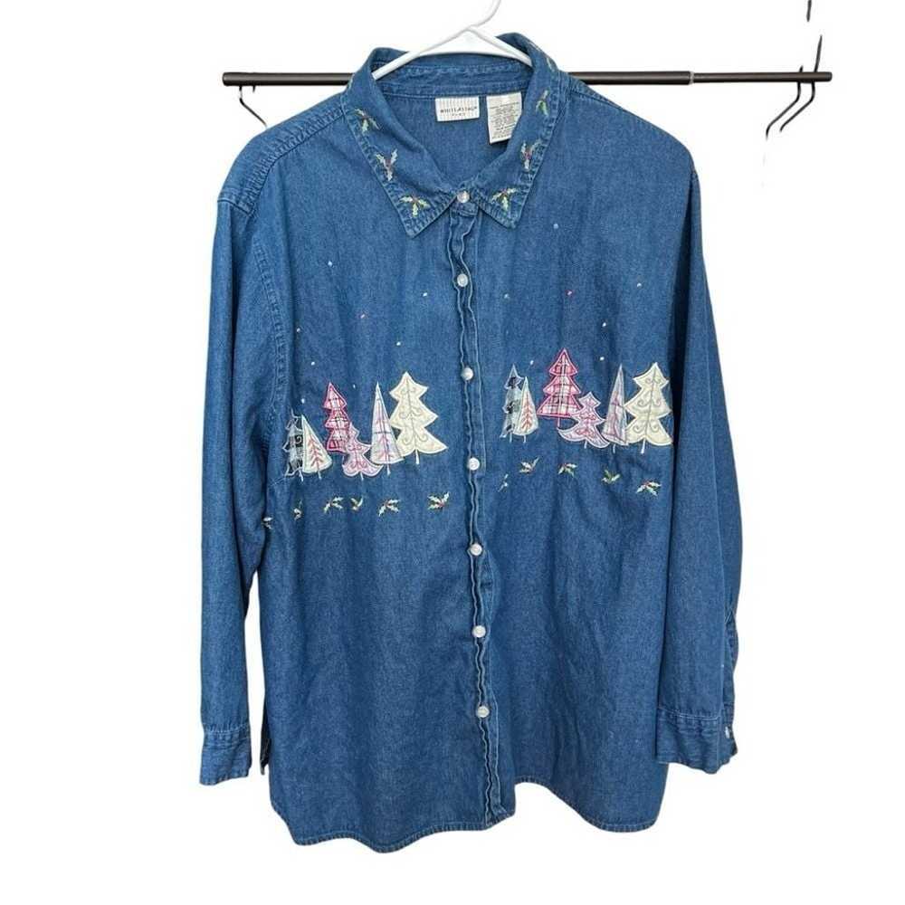 Vintage White Stag Denim Christmas Tree Embroider… - image 1