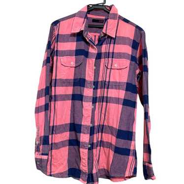 LDS Pink Navy Checkered Long Sleeve Shirt Vintage - image 1