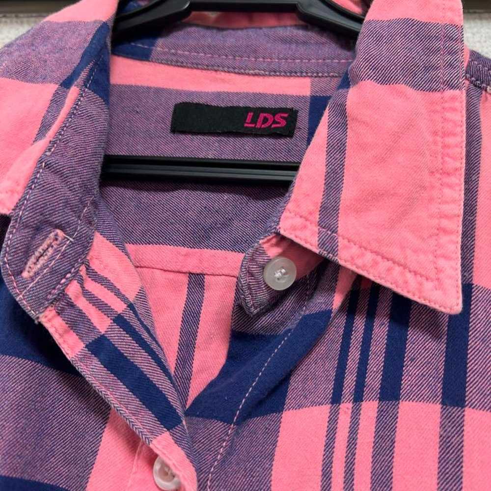 LDS Pink Navy Checkered Long Sleeve Shirt Vintage - image 3