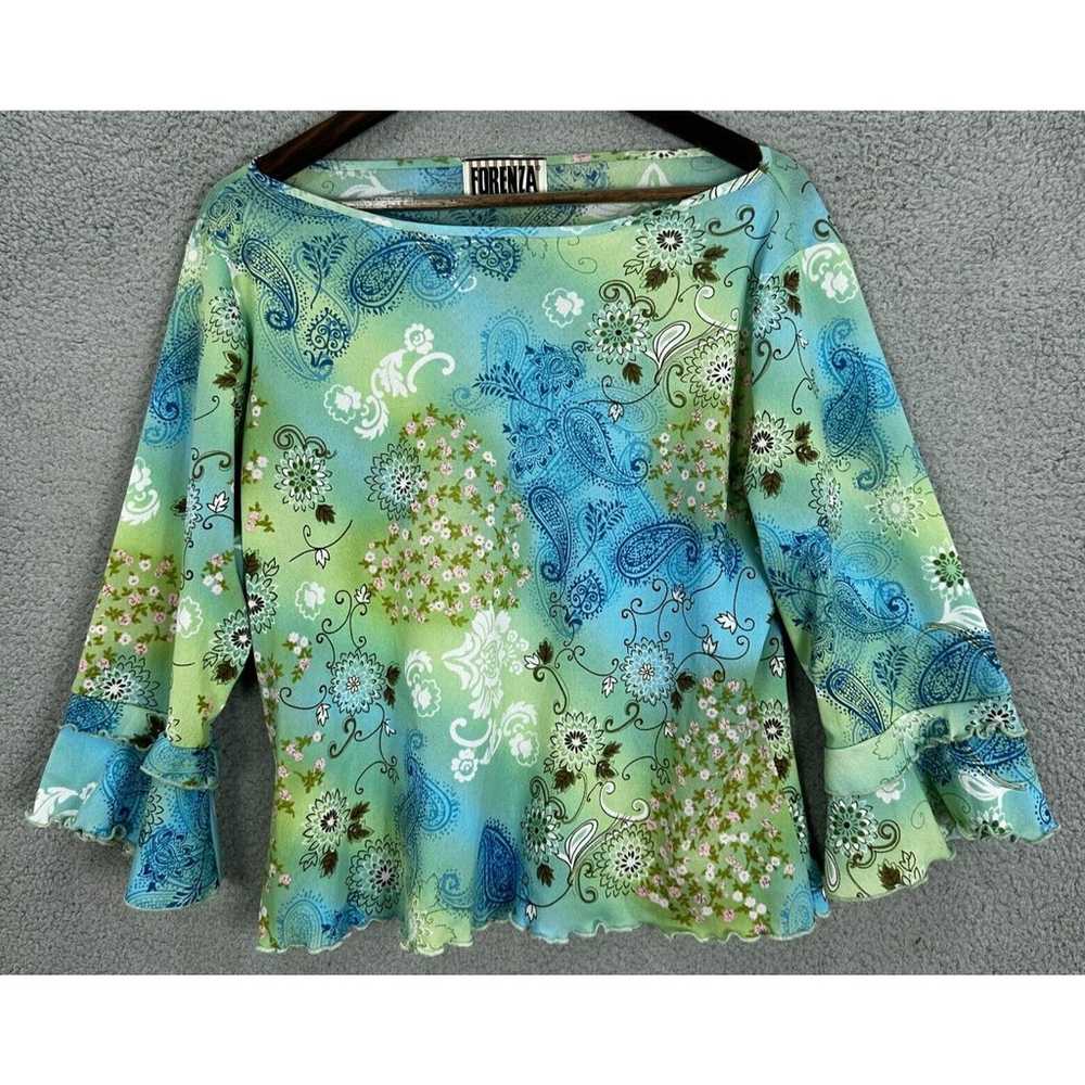 Forenza Top Womens Large Blue Green Floral Paisle… - image 1