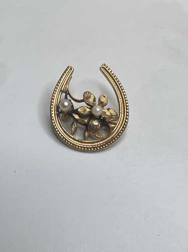 Vintage Gold Lucky Horseshoe Flower Pearl Pin Broo