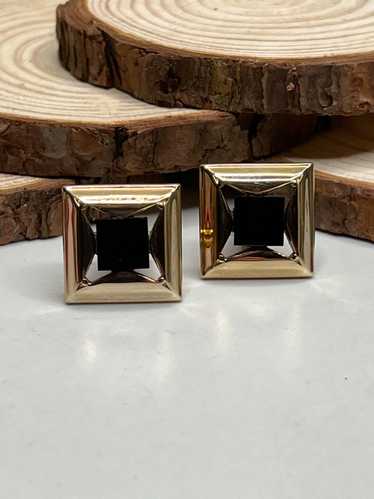 Mid-Century Art Deco Signed Gold Black Glass Cuffl