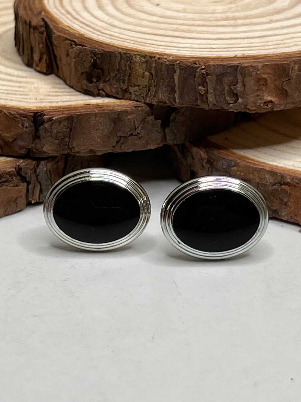 Vintage Silver Black Enamel Oval Mens Cufflinks - image 1