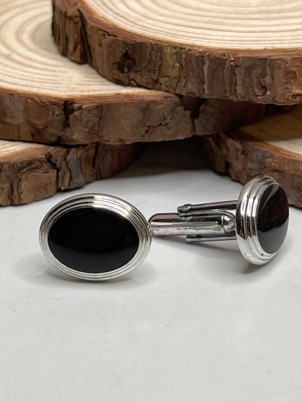 Vintage Silver Black Enamel Oval Mens Cufflinks - image 2