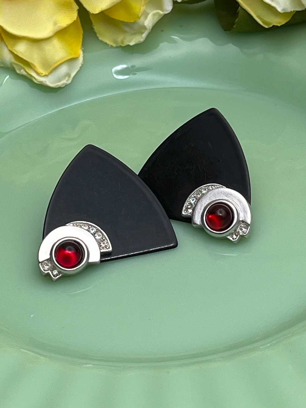 Signed Monet Art Deco Large Pierced Stud Earrings - image 2