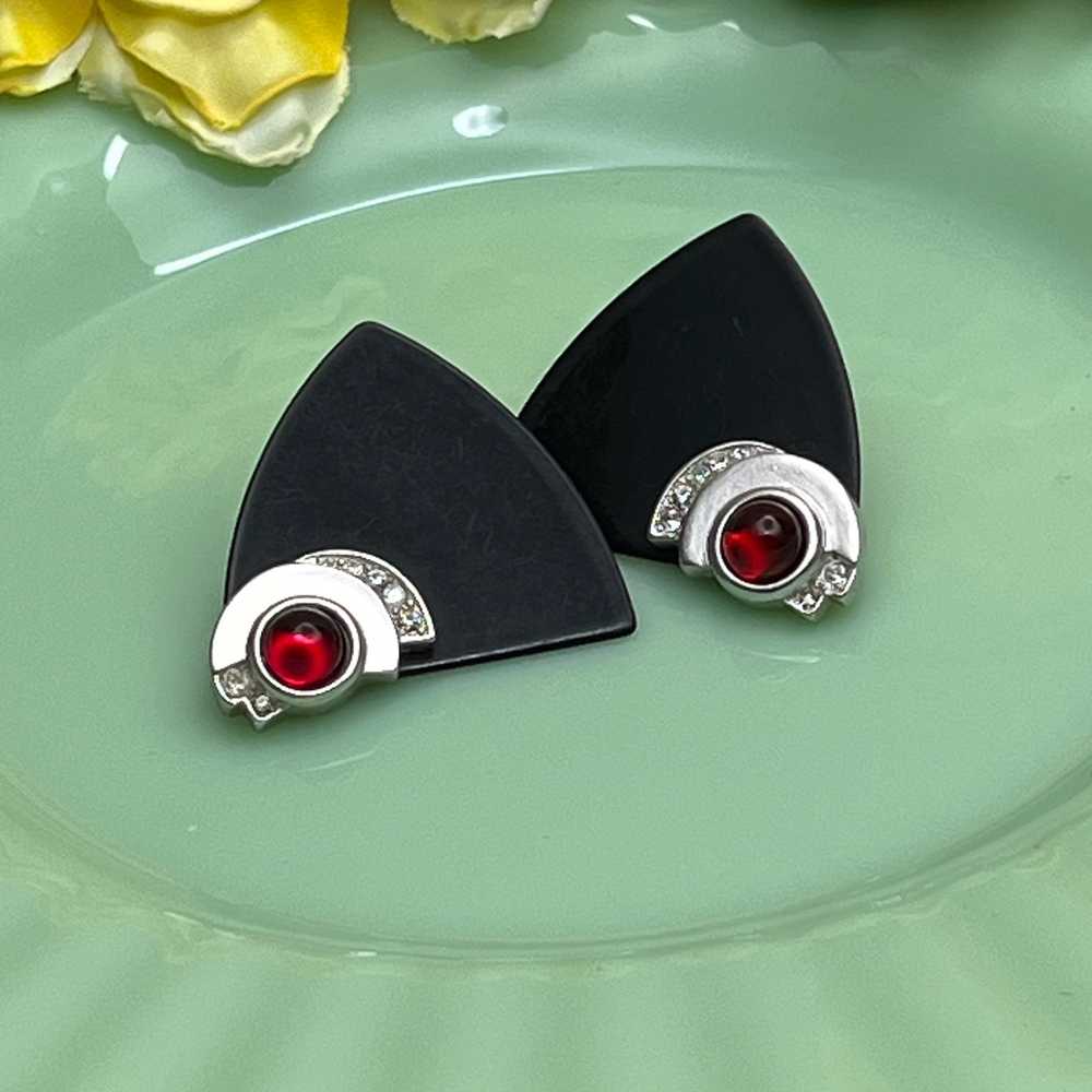 Signed Monet Art Deco Large Pierced Stud Earrings - image 3