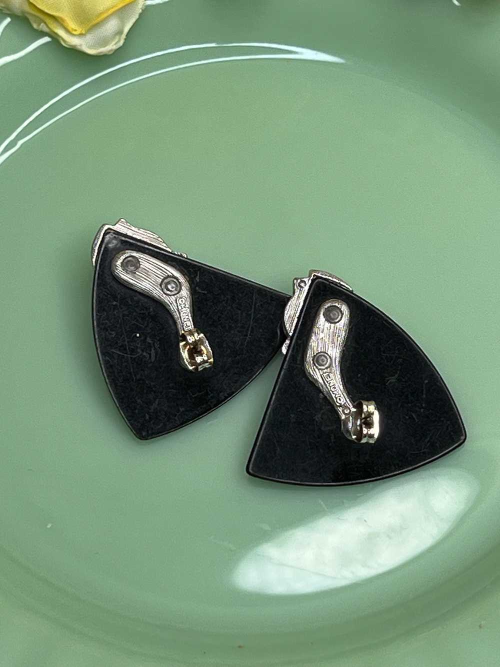 Signed Monet Art Deco Large Pierced Stud Earrings - image 4