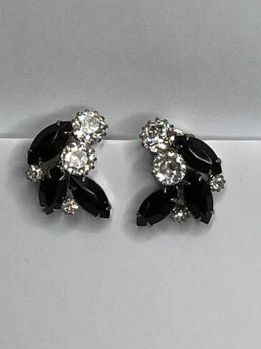 Signed Weiss Clear Black Rhinestone Clip on Earrin