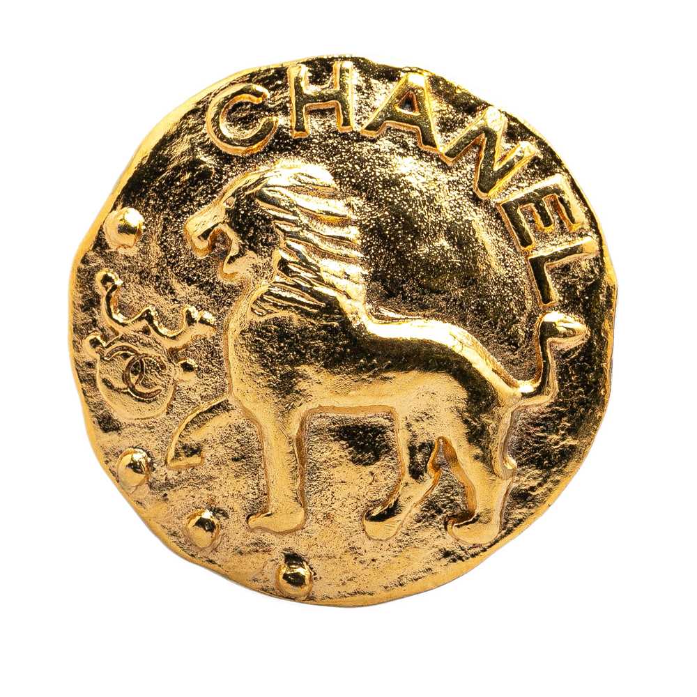 Gold Chanel Gold Plated CC Round Lion Brooch - image 1