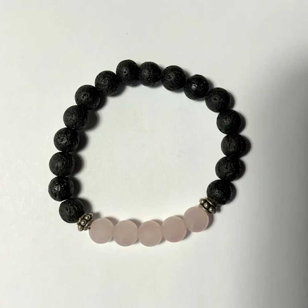 Vintage Bracelet Beaded Pink Quartz and Lava Stone - image 2