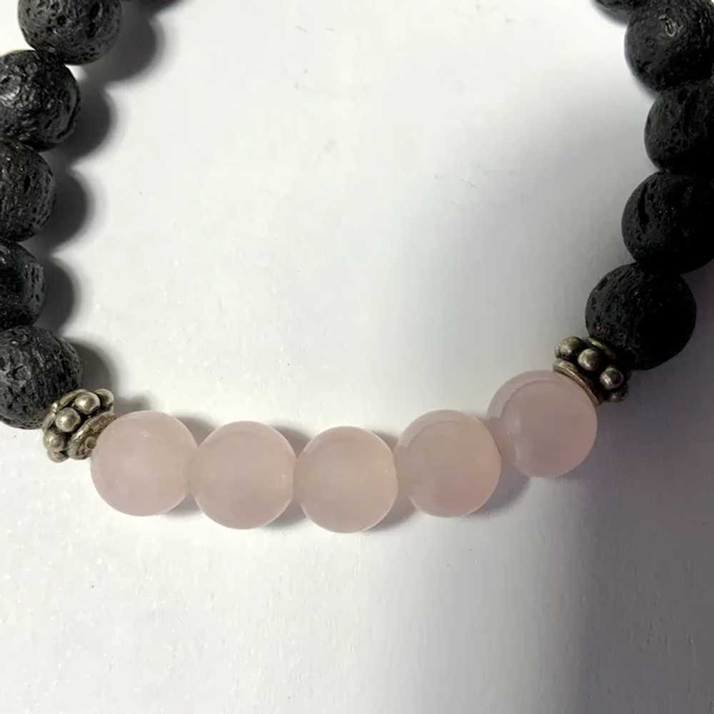 Vintage Bracelet Beaded Pink Quartz and Lava Stone - image 3