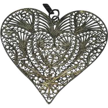 Vintage Large Sterling Silver Filigree Heart Penda