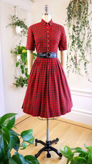 1950s Red Plaid Wool Shirtwaist Dress | small