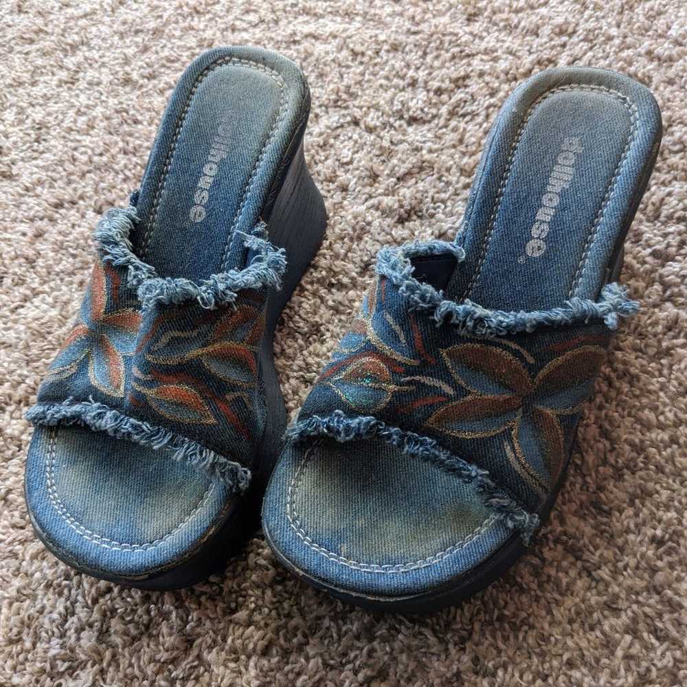 1990s chunky blue denim + wood platform shoes. - image 1