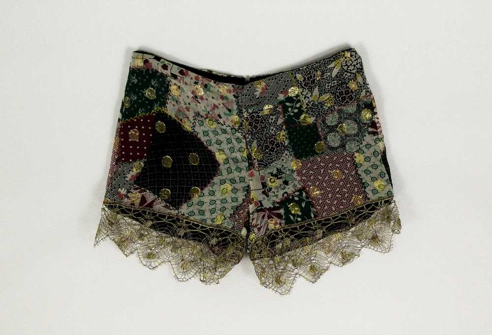 1990s Anna Sui Patchwork Gold Lace Shorts - image 1