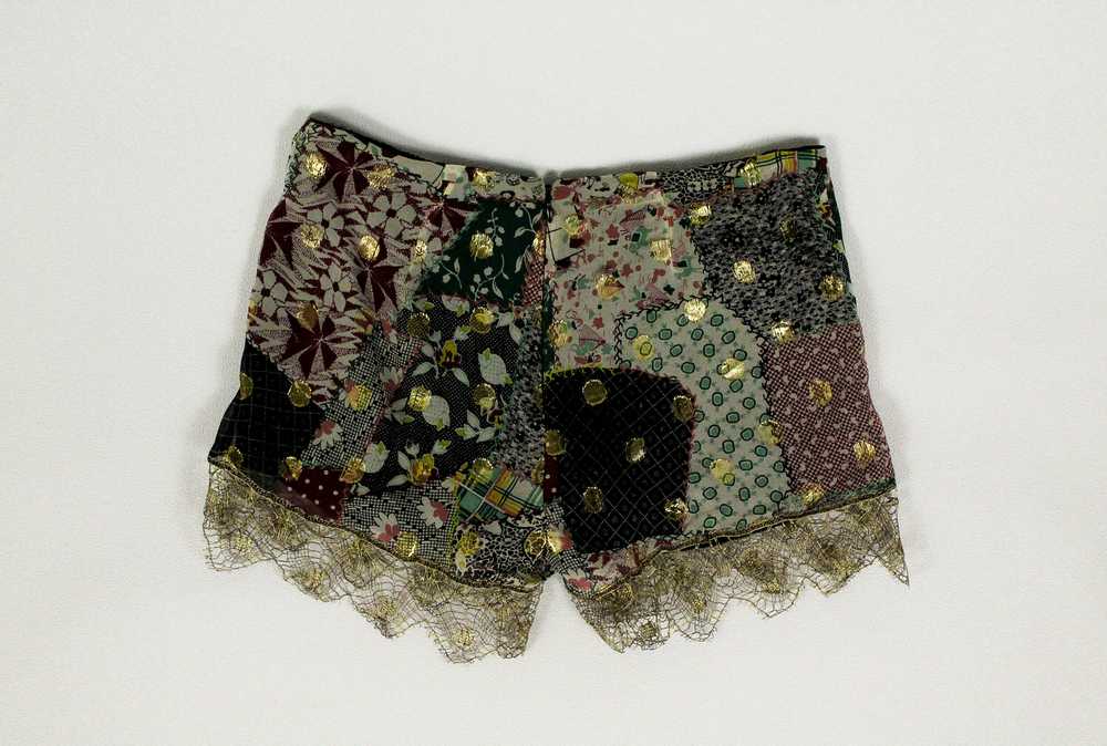 1990s Anna Sui Patchwork Gold Lace Shorts - image 2