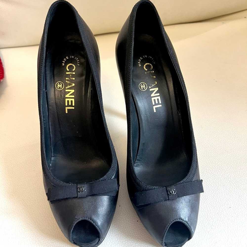 Chanel black leather bow cc logo pumps peep - image 1