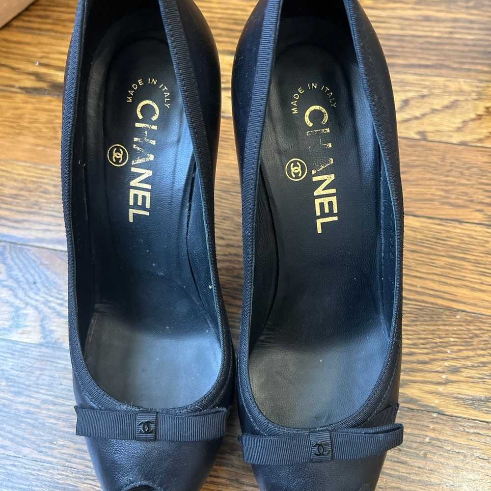 Chanel black leather bow cc logo pumps peep - image 2