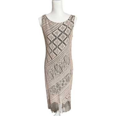 Vintage Y2K tan crochet fringe hem midi dress