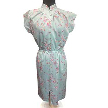 Vintage 70's Cheongsam Turquoise Green Geometric … - image 1