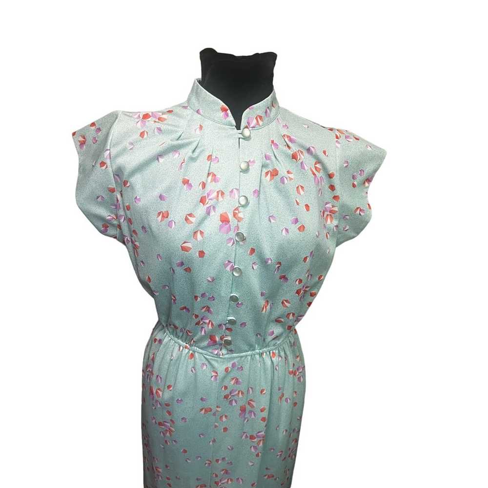 Vintage 70's Cheongsam Turquoise Green Geometric … - image 4