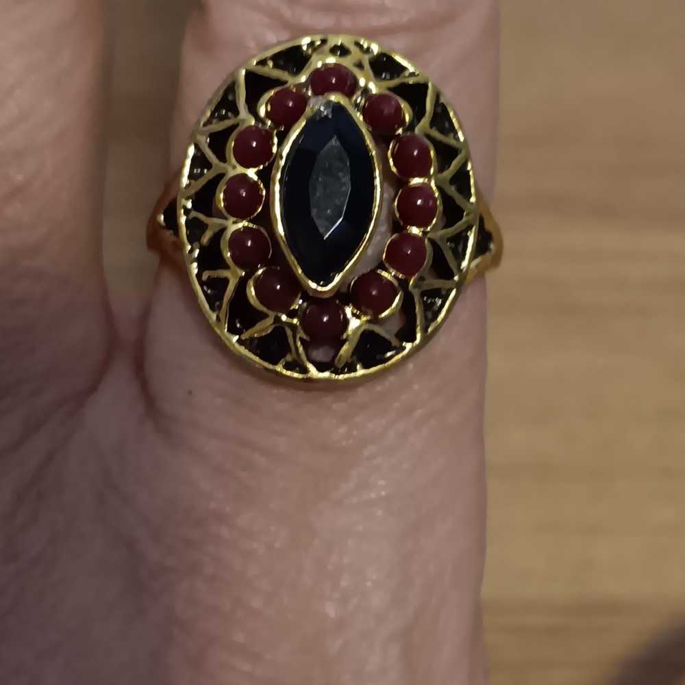 Costume ring, goldtone with red and black rhinest… - image 1