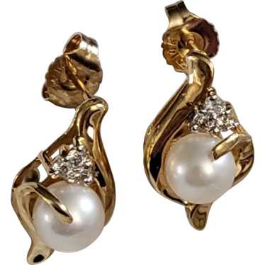 14K Gold Cultured Pearl and Diamond Earrings