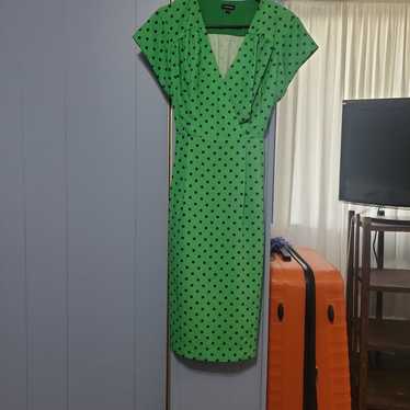 J Peterman Dress Green Wrap Blue Dot Size 10