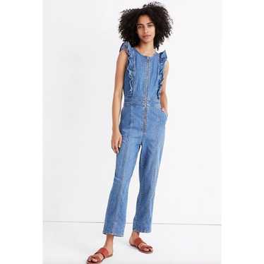 Madewell Denim Ruffle-Sleeve Zip-Front Jumpsuit si