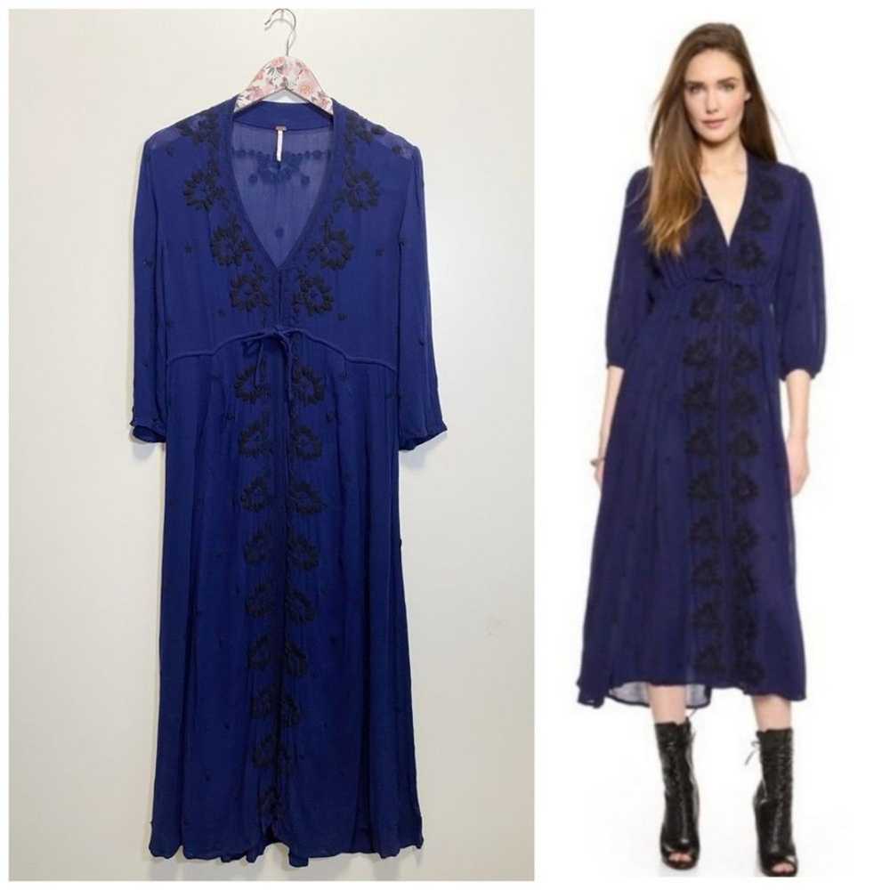 FREE PEOPLE Fable Navy Blue Midi Dress Small Embr… - image 1