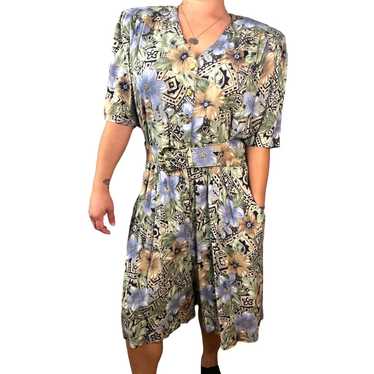 Vintage 80s Belted Romper Jumper Blue Green Flora… - image 1